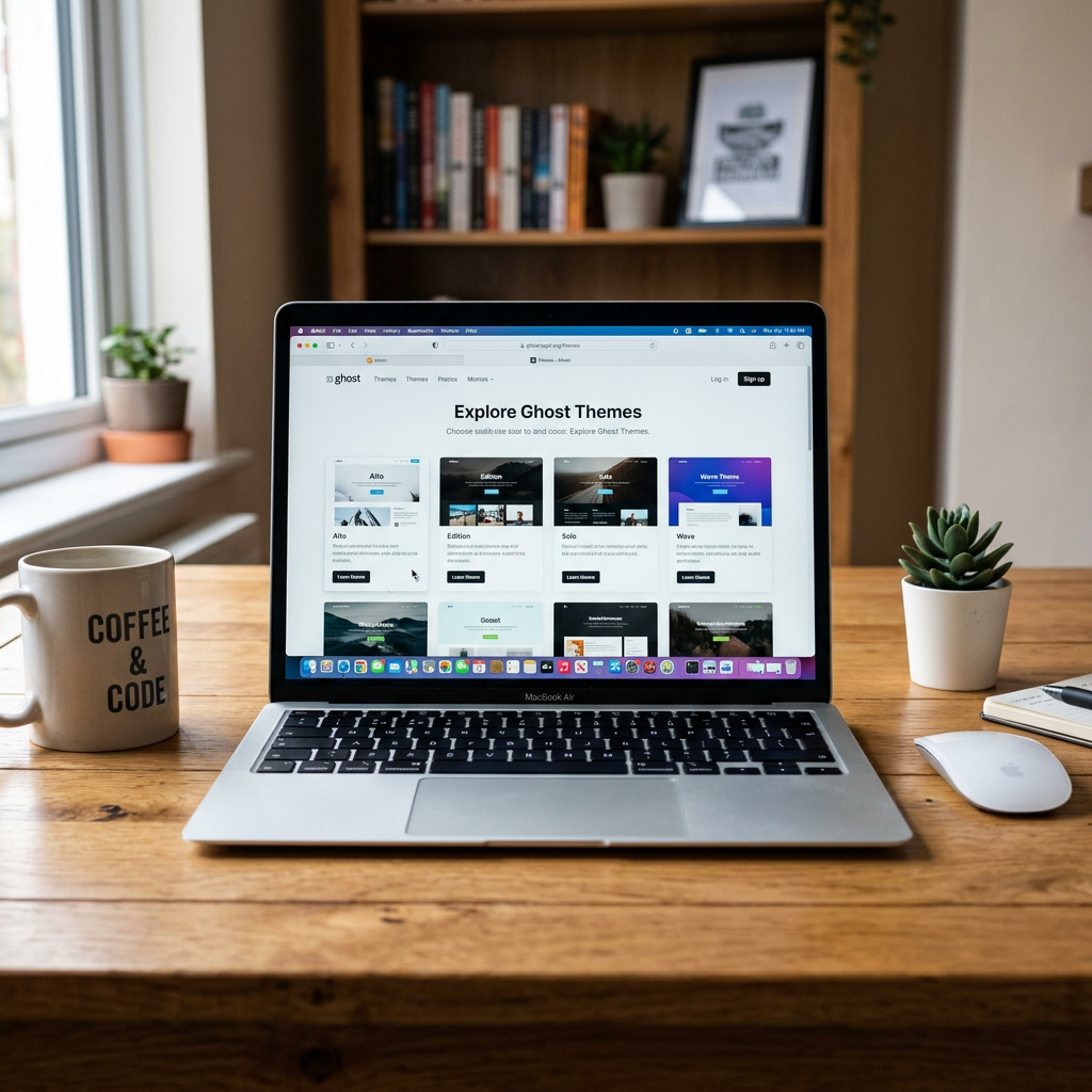 MacBook Air laptop on wooden table showing website themes with coffee mug and potted plant